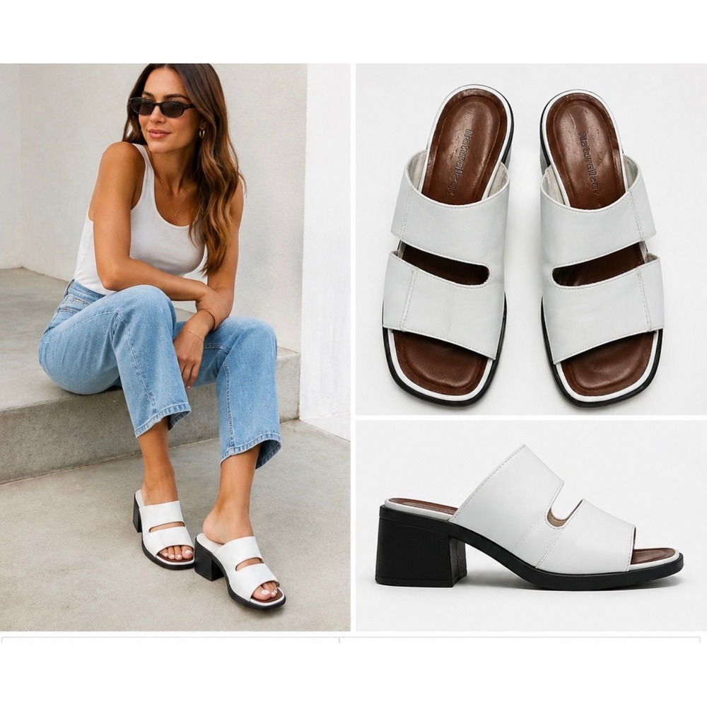 Y2K Naturalizer White Leather Block Heel Slide Sandals Square Toe Mules Womens